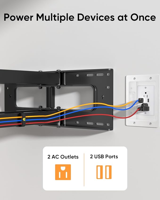 FORGING MOUNT Cord Hider for Wall Mount TV with AC Outlets, 2X USB-A Ports, in-Wall Cable Management Kit, Includes 6ft Extension Cord, Drywall Hole Saw Attachment, Drill Templates
