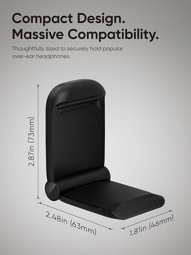 MAMUVIMO Headphone Stand, Headset Stand Foldable ＆ Sticky, Headphone Holder Hook Mount with Non-Slip Silicone, Adhesive Earphone Desk Hanger Clip Space-Saving for Airpods Max, All Earphones- Black