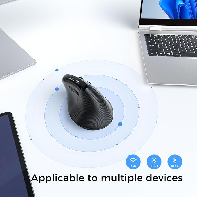 Wireless Ergonomic Mouse with Screen，Bluetooth Vertical Mouse Rechargeable, Quiet Clicks, USB Ergo Design Cordless Mice Compatible for Windows, PC, Laptop, Mac OS, Black