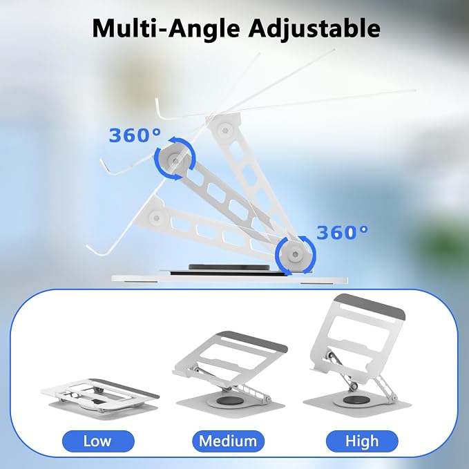 360 Rotation Laptop Stand, Multi-Angle Adjustable Laptop Holder Riser Stable Base Fully Foldable Easy to Storage and Portable Fit for MacBook Pro/Air HP 14 All Under 16” Devices (Silvery)