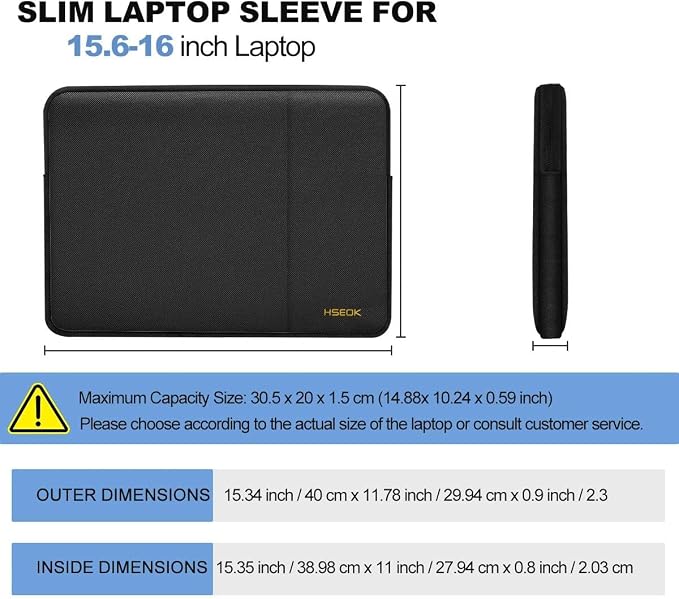 Hseok Laptop Sleeve 15.6 16 inch Case Compatible with MacBook Neo 16, MacBook Pro 16" M5/M4/M3/M2/M1, MacBook Air Pro 15", XPS 16, Most 15" 15.6" 16" Notebooks,Black