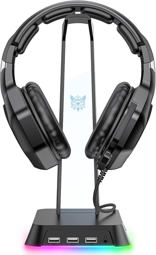 PHNIXGAM RGB Headphone Stand with 3.5mm AUX and 3 Port USB 2.0 Hub, Universal Gaming Headset Hanger Holder for Computer Gaming Gamer Accessories (Black)