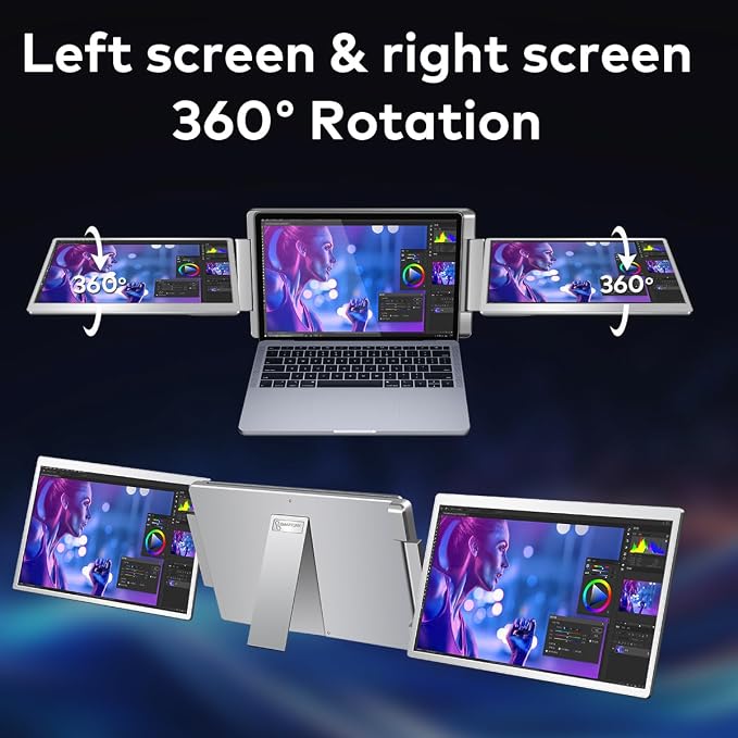 16" Laptop Screen Extender Triple Display - 2560x1600P QHD Portable Monitor, USB C Detachable Plug & Play Extender for 12" -17" Laptops - Compatible with Windows/Android/PS4/MacBook