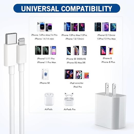 iPhone Fast Charger, [Apple Certified] 2Pack 10FT Extra Long Fast Charging USB C to Lightning Cable Cords with PD USB C Wall Charger Block for Apple iPhone 14/13/12/11/Pro/Pro Max/11/Xs Max/XR/X, iPad