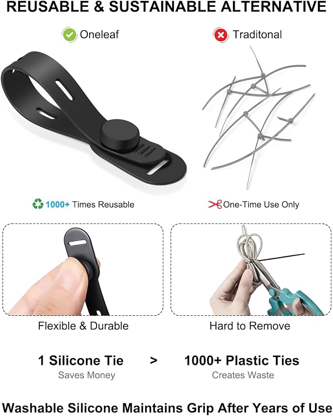 OneLeaf 16Pcs Adjustable Silicone Cable Ties, Reusable Cord Organizer for Desk Setup, PC, TV & Office Cubicle, Secure Soft Anti-Lost Cable Straps for Electronics - Black