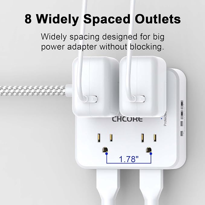 Surge Protector Power Strip - CHCORE 6Ft Braided Extension Cord with 8 Outlets with 4 USB (2 USB C) Charging Ports, Flat Plug Multi Plug Outlet Extender Charging Station for Home Office, ETL, White