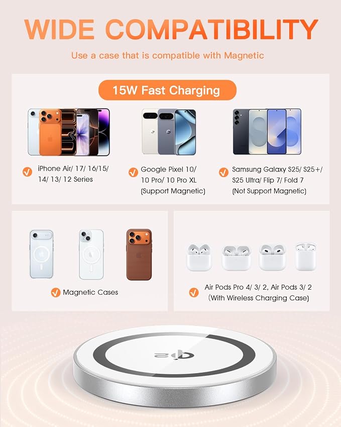 for Mag-Safe Charger 2 Pack,Qi2 Certified 15W Magnetic Wireless Charger Fast Charging Pad for iPhone 17 16 15 14 13 12&Airpods Pro 4 3 2 &Pixel 10 Series,Strong Magnet,Ultra-Thin
