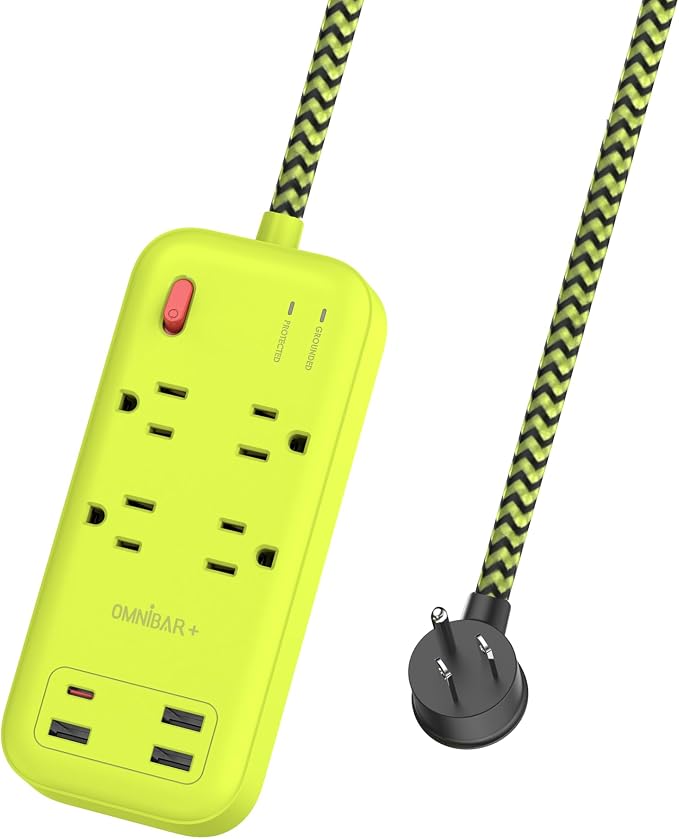USB Surge Bar 4 Power Strip - 4 Outlets 4 USB Ports(1 USB C), Multi Plug Outlet Extender with 6Ft Braided Extension Cord, 1800 J, Wall Mount, Flat Plug, Desk Charging Station for Office Home