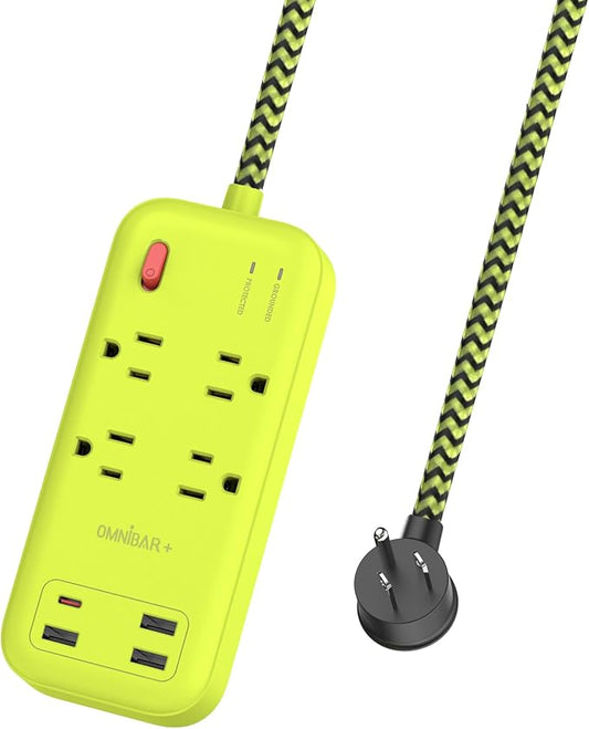 USB Surge Bar 4 Power Strip - 4 Outlets 4 USB Ports(1 USB C), Multi Plug Outlet Extender with 6Ft Braided Extension Cord, 1800 J, Wall Mount, Flat Plug, Desk Charging Station for Office Home