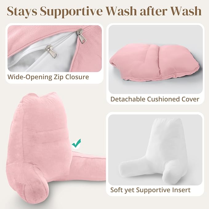 Sasttie Reading Pillow for Bed - 23 Inch, Back Pillow for Bed Sitting Up, Back-Rest Support Cushion with Side Pockets and Arms, Dorm Essentials, Oeko-Tex Certified, Light Pink
