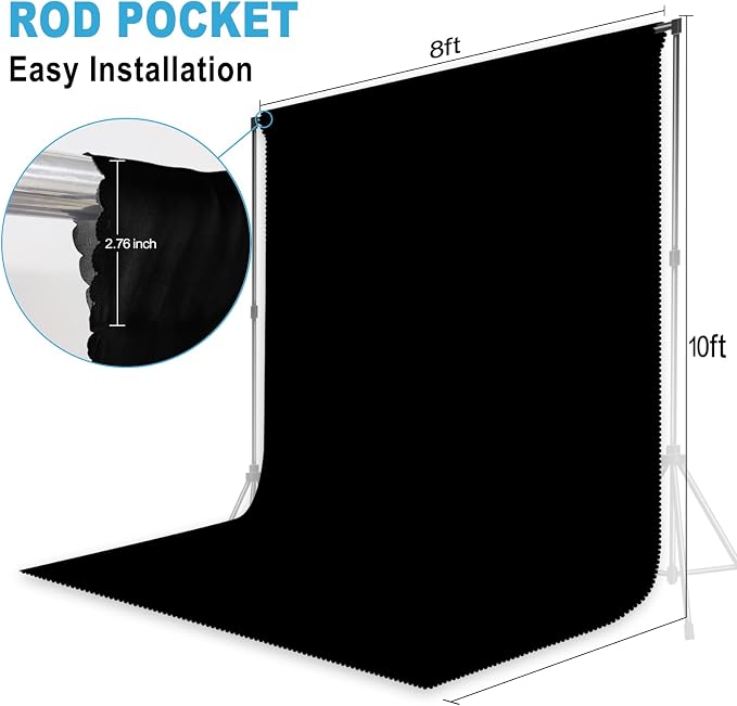 Black Backdrop for Photoshoot, Professional Photo Backdrop Background Curtain for Product Photography, Portraits, Wedding, Party, Live Streaming Video Recording 8X10 FT