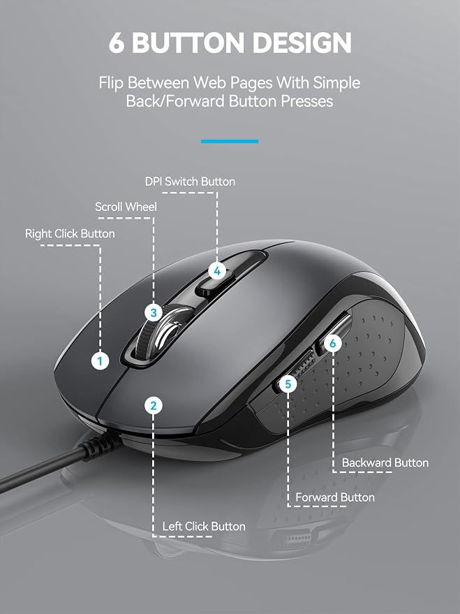 TECKNET Computer Wired Mouse, USB Mice for Laptop with 6-Button, 3600DPI Optical PC Wired Mouse, Home and Office 5FT USB-A Corded Comfortable Mice, Plug & Play, NO Battery Required- Light Grey