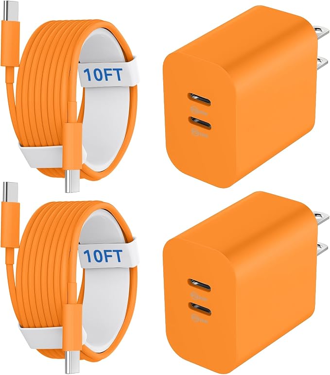 20W Dual Port USB C Charger Block for iPhone 17 16 15 Pro Max Charger Fast Charging with 10FT Long USB C to C Charging Cable Cord for iPhone 17 16 15 Pro Max/17 16 15Pro/15, Android Phone-Orange