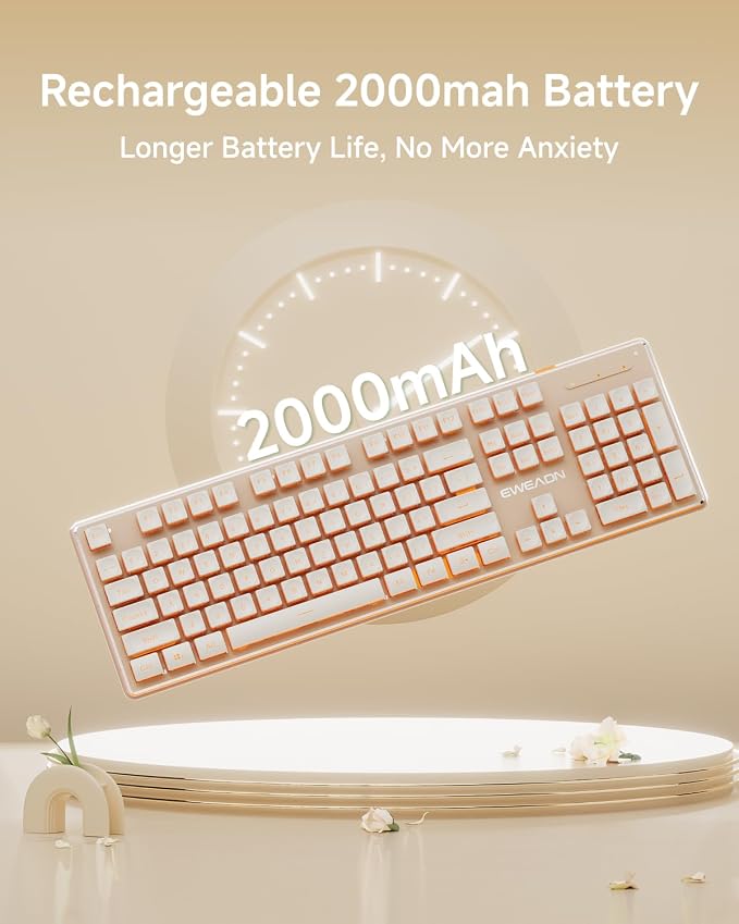 SEUNKWANG EWEADN V3 Wireless Keyboard and Mouse with Single Backlit, Metal Panel, Bluetooth/2.4G Rechargeable Computer Keyboard and Mouse Combo Silent Lighted Full Size Cute Keyboards-Rose Gold