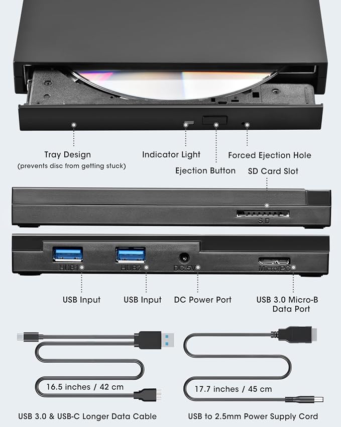 ROOFULL 5 in 1 External CD DVD Drive with USB 3.0 Ports and SD Card Slot, USB-C CD Burner DVD Player Reader Writer for Laptop Desktop PC, Windows 11/10 Laptop, Mac MacBook, Linux
