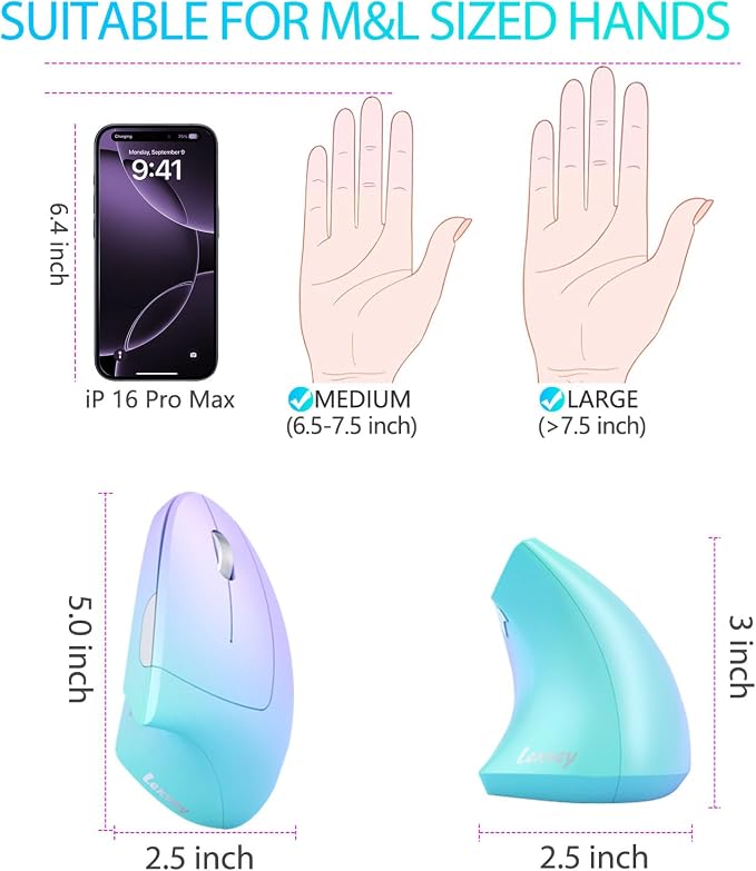 Lekvey Ergonomic Mouse, USB-C Wireless Vertical Mouse, Rechargeable Dual Mode Mice with 2.4G USB-A Receiver and Type-C Adapter, 3 Adjustable DPI, Relieves Wrist Pain, for Laptop, PC, Mac, Green Violet
