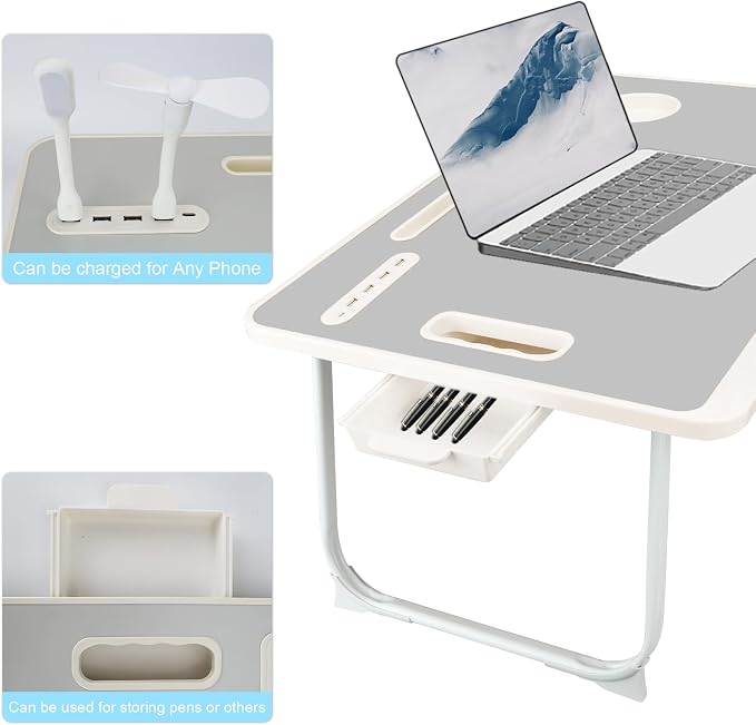 Laptop Bed Table, Laptop Desk for Bed, Foldable Laptop Bed Desk with USB Charge Port, Handle, Desktop Card Slot, Cup Slot, Side Drawer, Portable Laptop Table for Bed Eating Reading Working