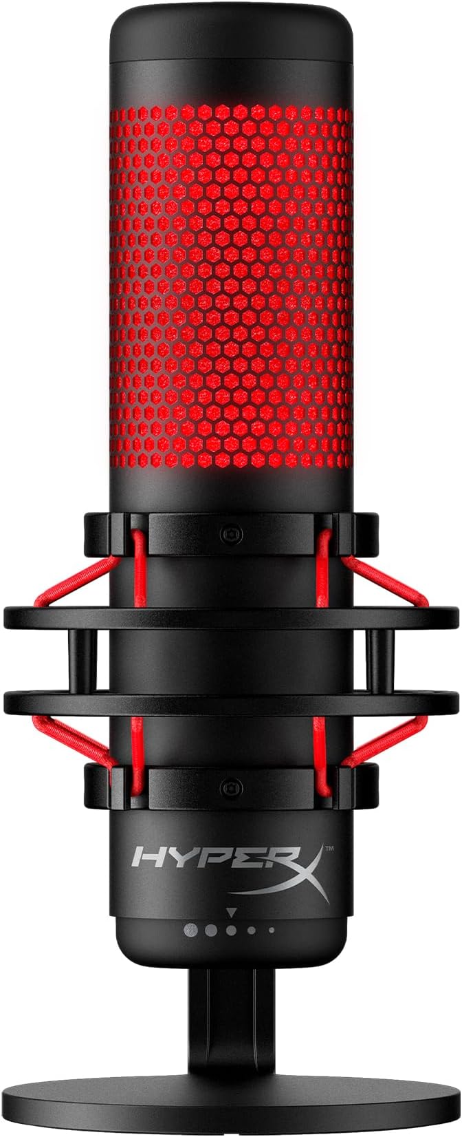 HyperX QuadCast - USB Condenser Gaming Microphone, for PC, PS4, PS5 and Mac, Anti-Vibration Shock Mount, Four Polar Patterns, Pop Filter, Gain Control, Podcasts, Twitch, YouTube, Discord, Red LED