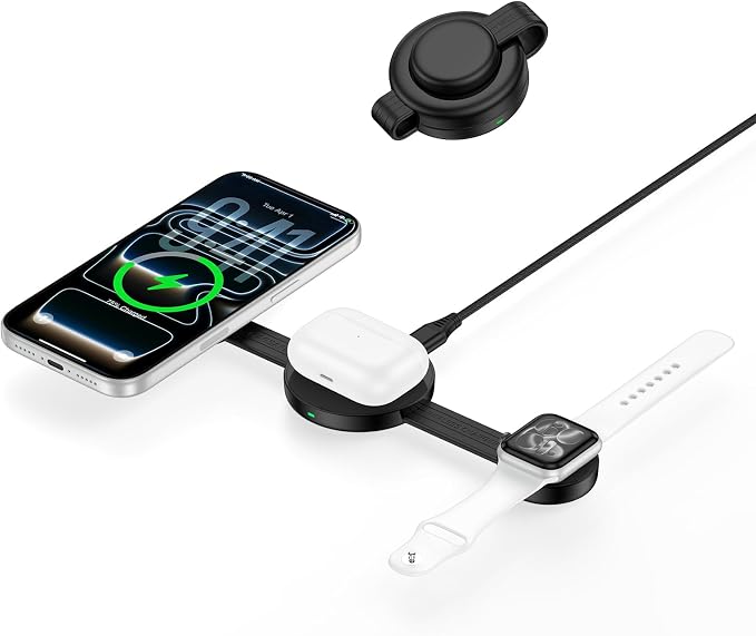 3 in 1 Wireless Charging Station for iPhone 17e, Foldable Portable Travel Magnetic Charging Pad for iPhone 17 16 16e 15 Pro Max Apple Watch AirPods Fast Wireless Charger Apple Device Charging Hub