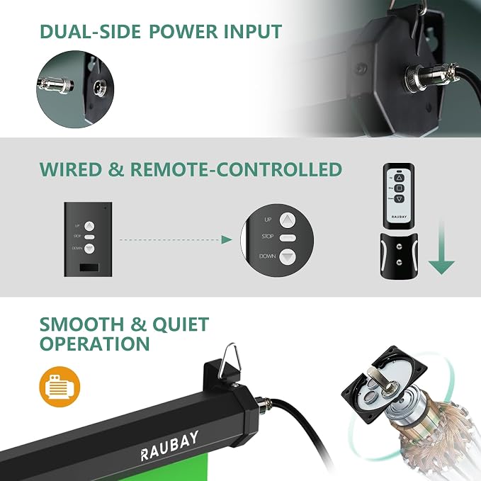 RAUBAY Motorized Pull Down Green Screen - 78.7" x 86.6" Collapsible Wall-Mount Background for Professional Video Production, Chroma Key Backdrop for YouTube, TikTok, Streaming, Video Conferencing