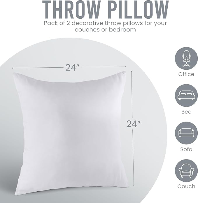 Utopia Bedding 24x24 Pillow Inserts, Set of 2, White – Indoor Decorative Throw Pillows for Bed, Sofa & Couch – Soft, Supportive & Fluffy Cushion Inserts