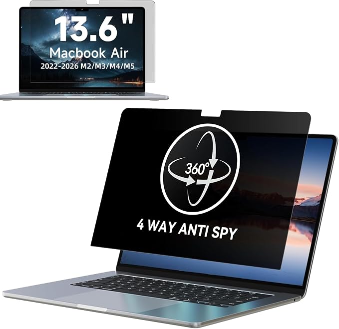 IPROKKO 360° Privacy Screen Macbook Air 13.6/13 Inch (2022-2026, M2, M3, M4, M5),Matte Anti Glare Blue Light 13.6in Mac Scratch Resistant Laptop Screen Protector Filter