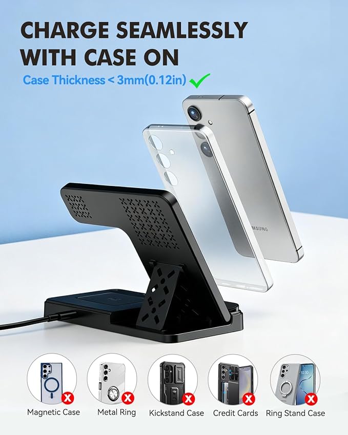 3-in-1 Foldable Wireless Charger for Samsung: 15W Qi Charging Station for Samsung S26/S25/S24/S23/S22/S21, Note 20/10, Z Fold 6/5, Galaxy Buds 4/3/2 Pro and Galaxy Watch-Android Charging Stand