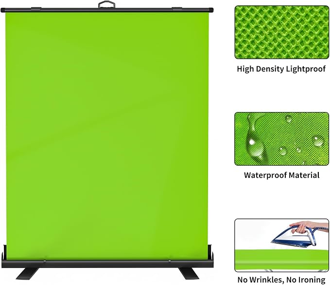 WASJOYE Green Screen Background with Stand, 62.2 x 79 in Portable Collapsible Chroma Key Backdrop, Auto-Locking Wrinkle-Resistant Photography Background for Video, Live Game, Photography Studio