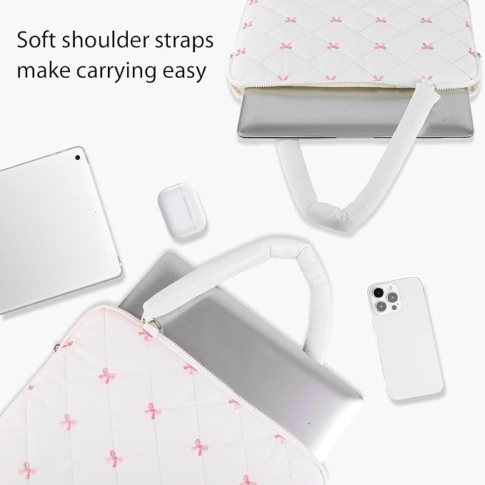 Cute Bow Laptop Case Coquette 13-15 Inch Puffy Laptop Sleeve Accessories Aesthetic Quilted Computer Bag for MacBook (White, 13-14inch)