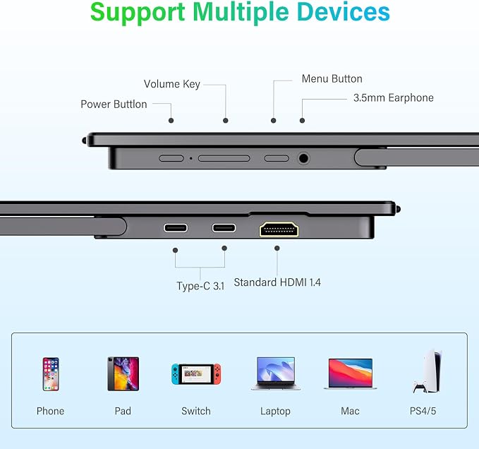 InnoView 2K Portable Monitor 15.6" QHD 100% sRGB, Built-in 180° Adjustable Stand Travel Monitor USB C Standard HDMI Ultra-Slim Portable Monitor for Laptop MacBook Phone PS5 Xbox Switch