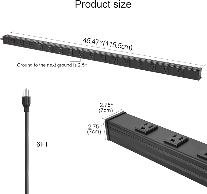 CCCEI Long Heavy Duty Metal Power Strip, 16 Outlet Large Industrial Multi Wide Strip for Garage Workshop, Extension Cord with Multiple Outlets, 15A, 125V, 1875W. 15 FT, Black.
