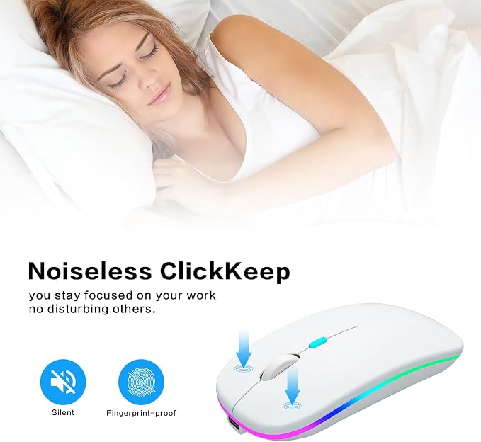 AIKOKOK Wireless Bluetooth Mouse, Rechargeable, Dual Mode Bluetooth 5.2 & 2.4G USB, LED Lights, Slim, Silent, Portable Computer Mouse for Laptop, PC, MacBook, iPad, Tablet (White)