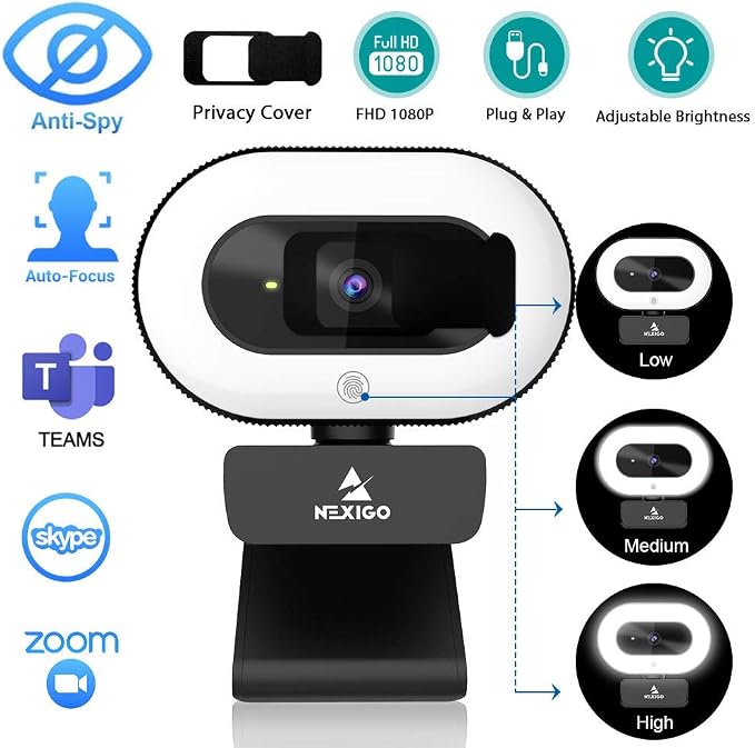 NexiGo StreamCam N930E, 1080P Webcam with Ring Light and Privacy Cover, Auto-Focus, Plug and Play, Web Camera for Online Learning, Zoom Meeting Skype Teams (Renewed)