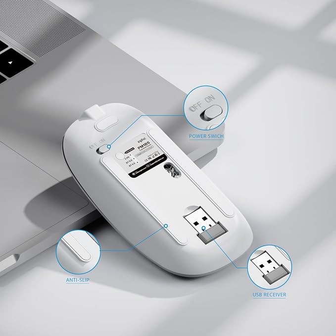 INPHIC Bluetooth Mouse Rechargeable, Battery Visible, 2.4G Silent Cordless,1600 DPI with USB Receiver, Silver