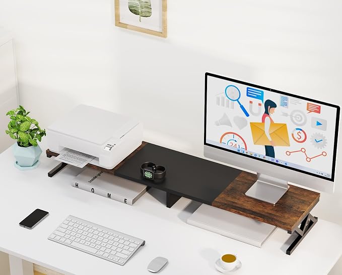 Dual Monitor Stand Riser, Large Wood Monitor Riser for 2 Monitors, Monitor Lift with Storage for Desk, Sturdy Wood&Steel Multi Screen Stand, Desktop Organizer Monitor Stand for Computer