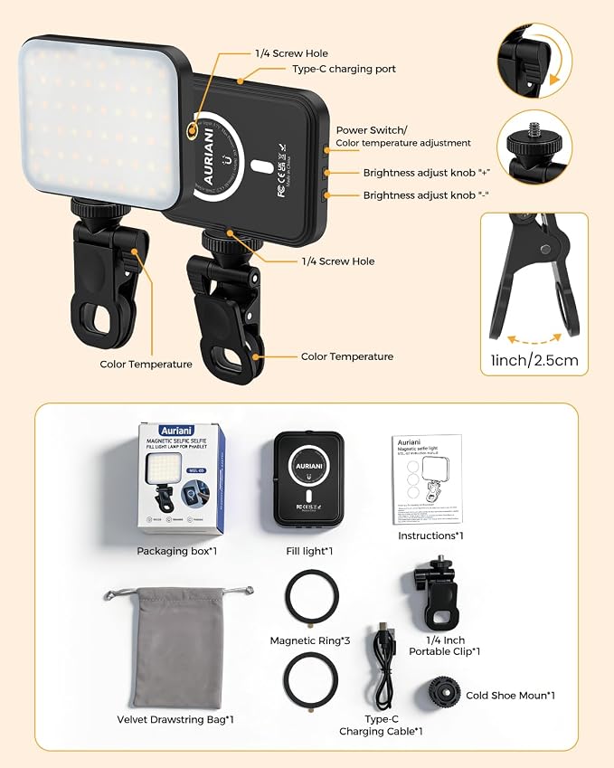 Magnetic Selfie Light for iPhone, Selfies Video Lighting, 6 Lighting Modes, 12 Brightness Levels, Clip, Magnetic or Camera Mount, Ideal for TikTok, Zoom, Makeup, Live Streaming