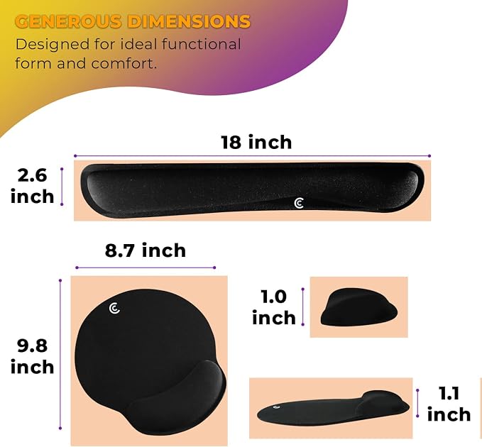4pc Wrist Rests for Keyboard and Mouse Pad Set - Memory Foam Cushion, Black - Ergonomic Wrists Hand Arm Rest Support for Laptop Computer Desk and Gaming - Carpal Tunnel Syndrome Relief