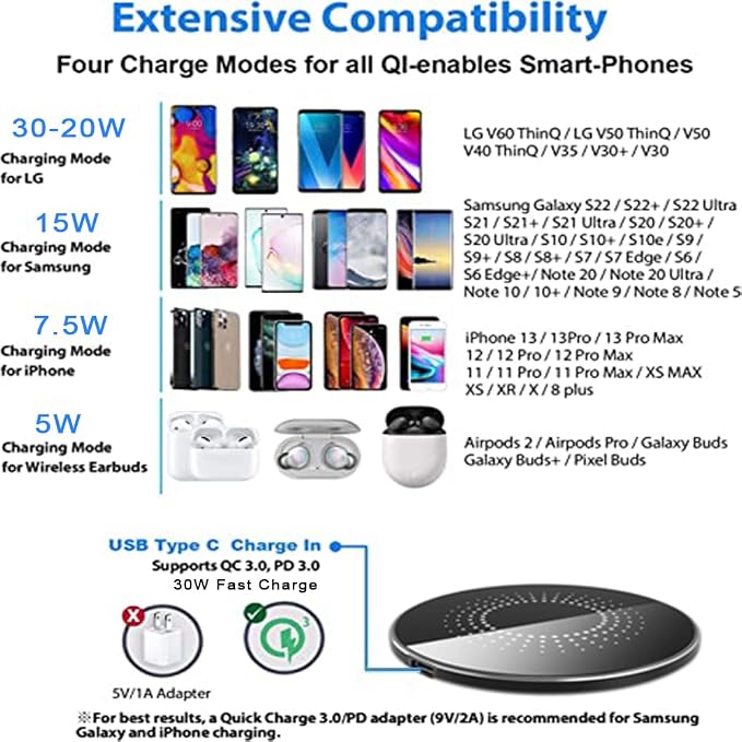 30W Wireless Charger Pad, Wireless Charge 30W, Fast Wireless Charger, Wireless Charging Compatible with Samsung Galaxy S23/S22/S21/S20, Fast Charger Compatible with iPhone 17/16/15/13/14/12 Series