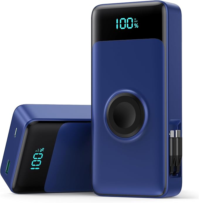 5-in-1 Portable Charger for iPhone,40800mAh Power Bank Built-in Retractable Cable and iWatch Charger,25W PD QC4.0 Fast Charging Battery Pack,Travel Essential Charger for iPhone 17/Air/16,Android,Blue