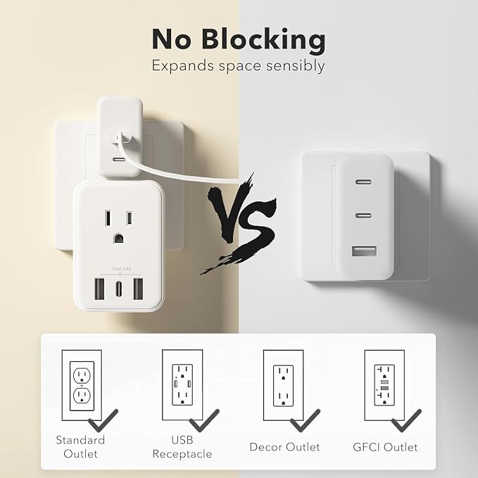 BN-LINK Multi Plug Outlet Extender 2 Pack, Outlet Splitter with 4 Outlet and 3 USB Ports (1 USB C), 4-Sided Multiple Plug Expander for Travel Kitchen Dorm Room Cruise Ship Essentials, White