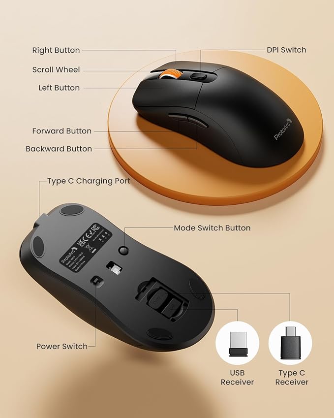 ProtoArc Bluetooth Wireless Mouse for MacBook Pro/Air, USB C Mouse, EM15 Rechargeable Lightweight Portable Mice for Laptop, iPad, Tablet, Chromebook-Black