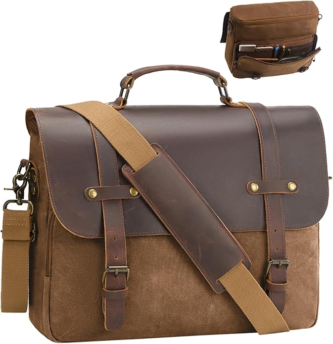 Mens Messenger Bag Waxed Canvas Laptop Briefcase 16“ Vintage Genuine Leather Crossbody Bags Waterproof Satchel Shoulder Bag