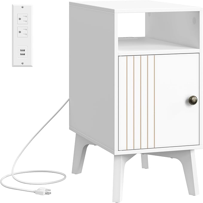 VASAGLE MAEZO Collection - End Table with Charging Station, Narrow Side Table, Nightstand with Tapered Legs, Curved Transitions, for Small Spaces, Living Room, Bedroom, Cloud White ULET329W101S