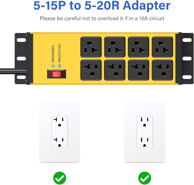 CCCEI Heavy Duty Power Strip Surge Protector 20 AMP Switch, 12 Gauge Extension Cord with Multiple Outlets, Industrial, Shop, Garage High Amp Wall Mount Electric Extender. 4FT, Yellow.