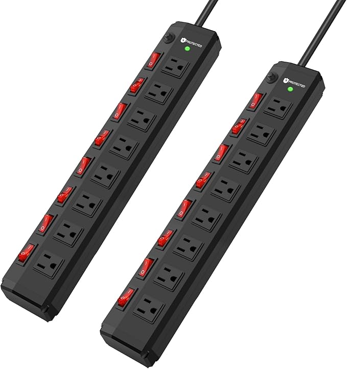 2PCS 8 Outlet Heavy Duty Power Strip with 8 Individual Switches,Moutable Metal Power Strip Surge Protector 1200 Joules,6FT 14AWG Extension Cord,15A 1800W 125V 60Hz