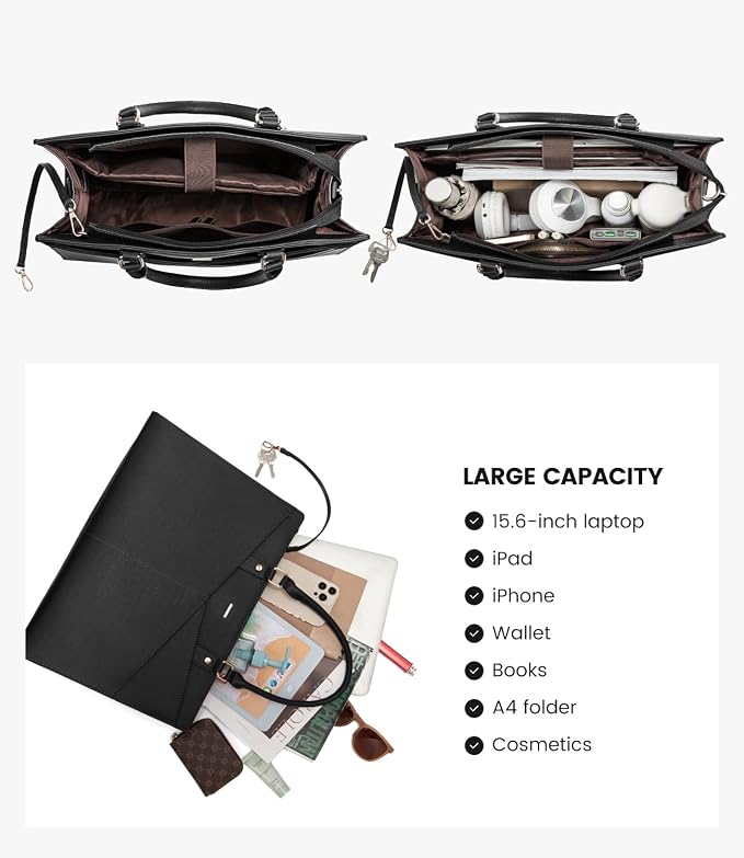LOVEVOOK Laptop Tote Bag for Women, Leather Business Office Work Bag Computer Briefcase with Small Clutch fit for 17.3 Inch Laptop,Black