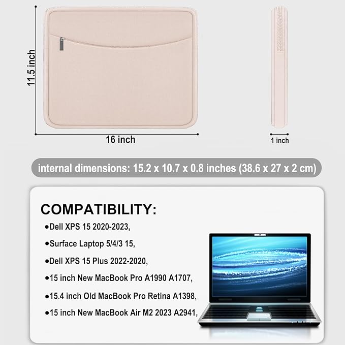 Laptop Case 15.6 inch, Shockproof Protective Laptop Cover Briefcase Carrying Computer Bag with Accessory Pocket, Portable Computer Sleeve Compatible with MacBook, HP, Dell, Lenovo, Asus, Pink