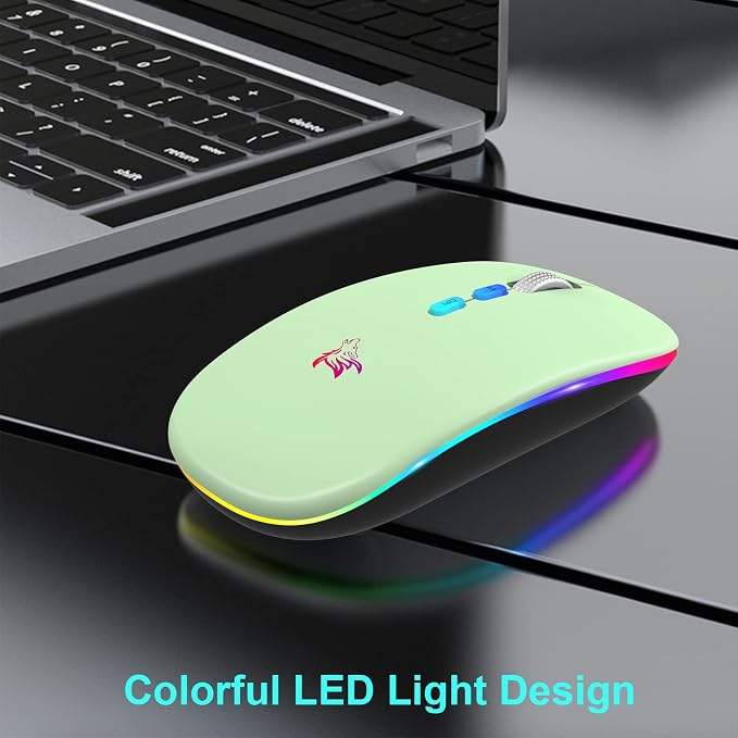 HOTLIFE LED Wireless Mouse, Slim Rechargeable Silent Portable USB Optical 2.4G Wireless Bluetooth Two Mode Computer Mice with USB Receiver and Type C Adapter (Green)