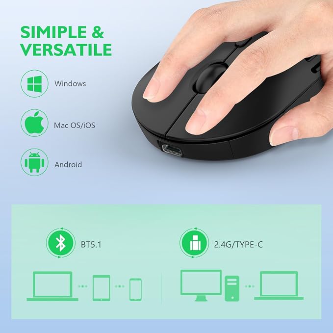 RAPIQUE Bluetooth Wireless Mouse - (BT+USB-C Receiver) Dual Mode, Rechargeable, Lightweight, Silent Computer Mice with Type C Receiver, USB C Mouse for MacBook, Laptop, Tablet, Chromebook (Black)