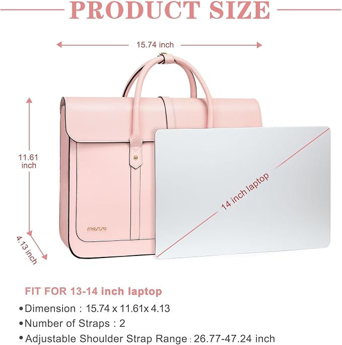 MOSISO Laptop Bag for Women, 13-14 inch PU Leather Laptop Shoulder Bags Convertible Backpack, 13.3 inch Messenger Bags Casual Handbag Work Briefcase Travel Computer Bag with Bowknot, Pink